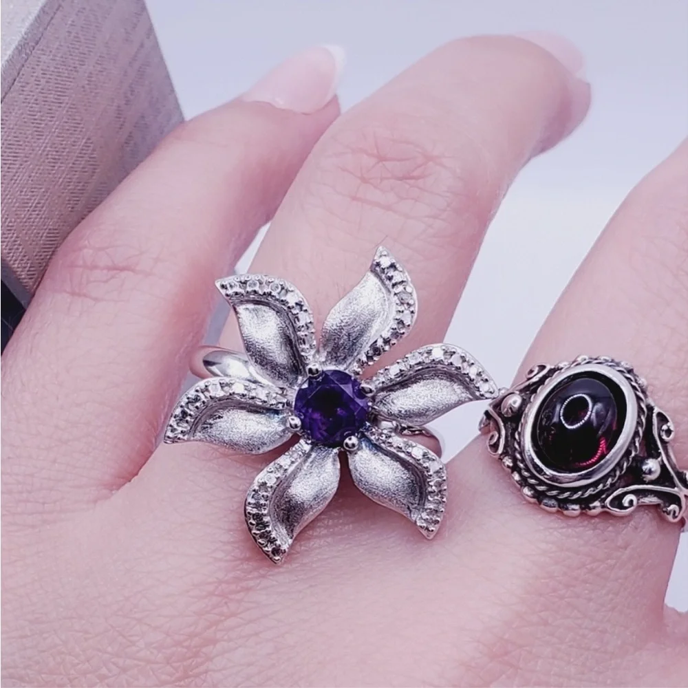 Genuine Round Purple Amethyst & Diamond Accent 925 Silver Flower Statement Ring